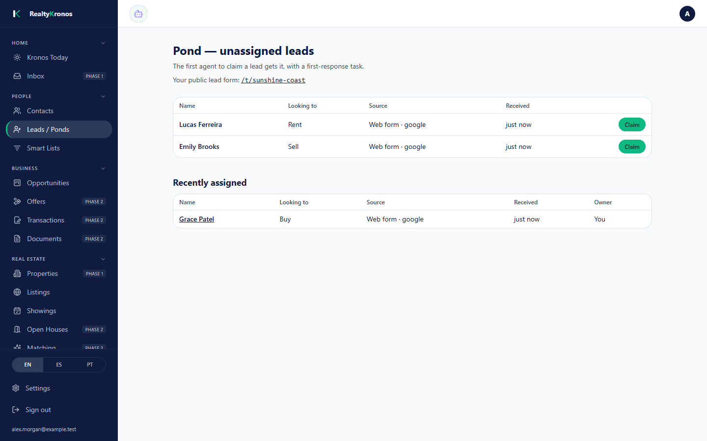 Leads screen with the pond of unassigned leads